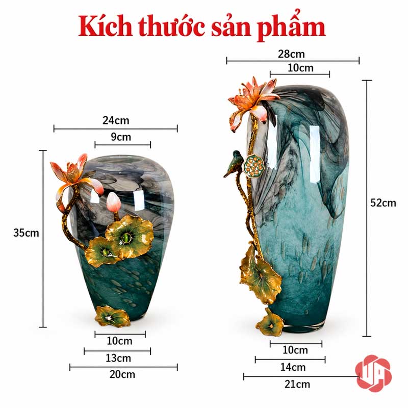 Bình Hoa Sen Thủy Tinh Tráng Men Xanh Ngọc UPT16 Ảnh kích thước bình hoa sen thấp rộng 24 cao 35 cm và bình cao rộng 28 cao 52 cm