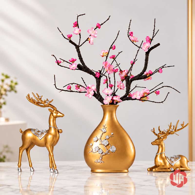 Đồ Trang Trí Decor Hươu Vàng, Chim Và Hoa Mai UPV016 Cặp hươu vàng hai bên bình hoa hồng trên mặt bàn sáng