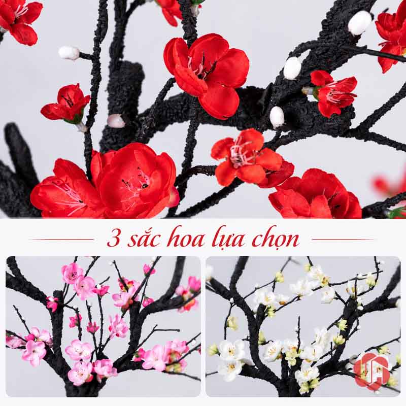 Đồ Trang Trí Decor Hươu Vàng, Chim Và Hoa Mai UPV016 Ảnh ghép cận cảnh cành hoa trang trí màu đỏ hồng và trắng
