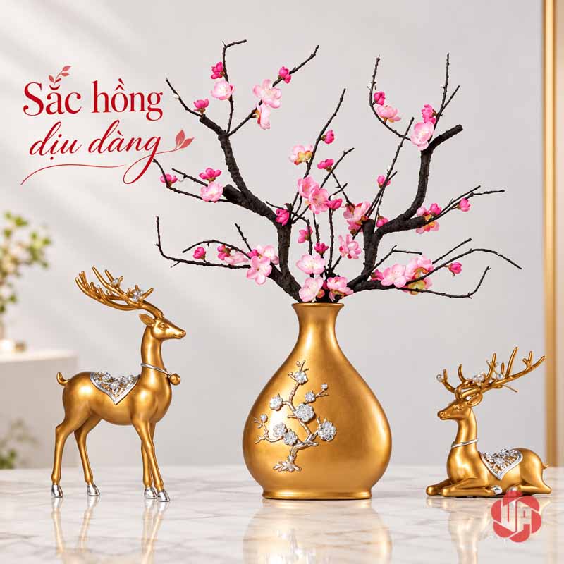 Đồ Trang Trí Decor Hươu Vàng, Chim Và Hoa Mai UPV016 Bình dáng giọt nước cắm hoa hồng giữa hai tượng hươu vàng