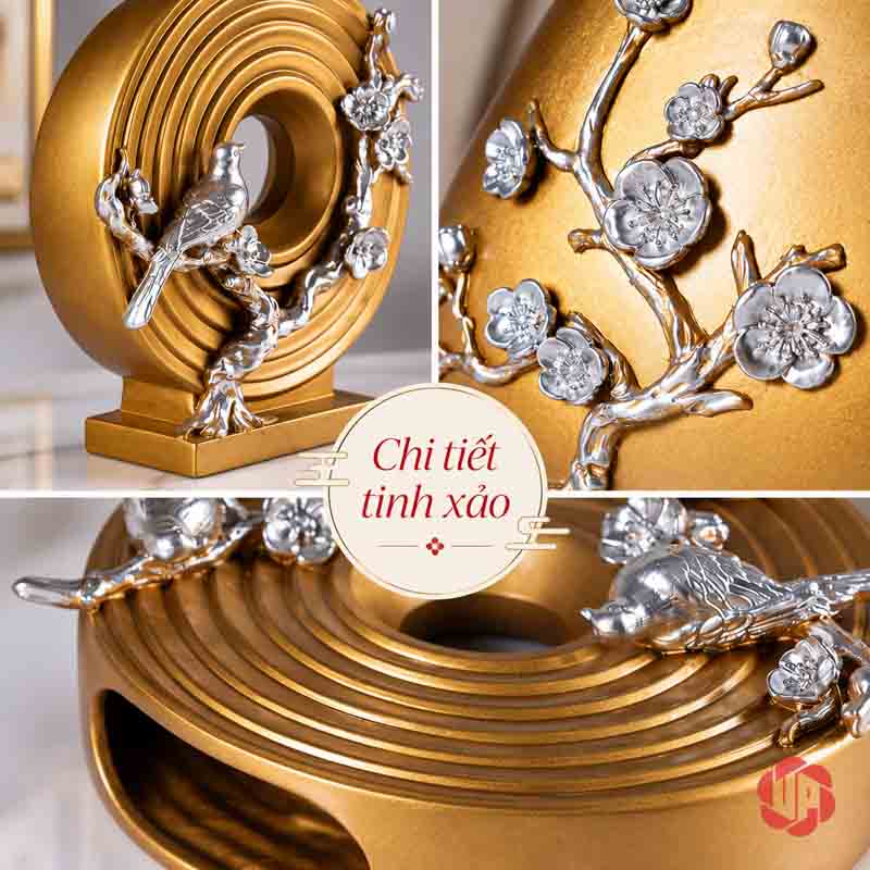Đồ Trang Trí Decor Hươu Vàng, Chim Và Hoa Mai UPV016 Ảnh ghép chi tiết chim hoa màu bạc trên bình và vòng tròn vàng