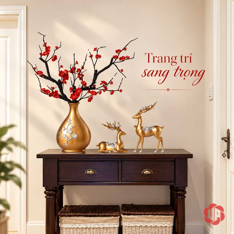 Đồ Trang Trí Decor Hươu Vàng, Chim Và Hoa Mai UPV016 Bình cắm hoa đỏ và cặp hươu vàng trên bàn console gỗ tối
