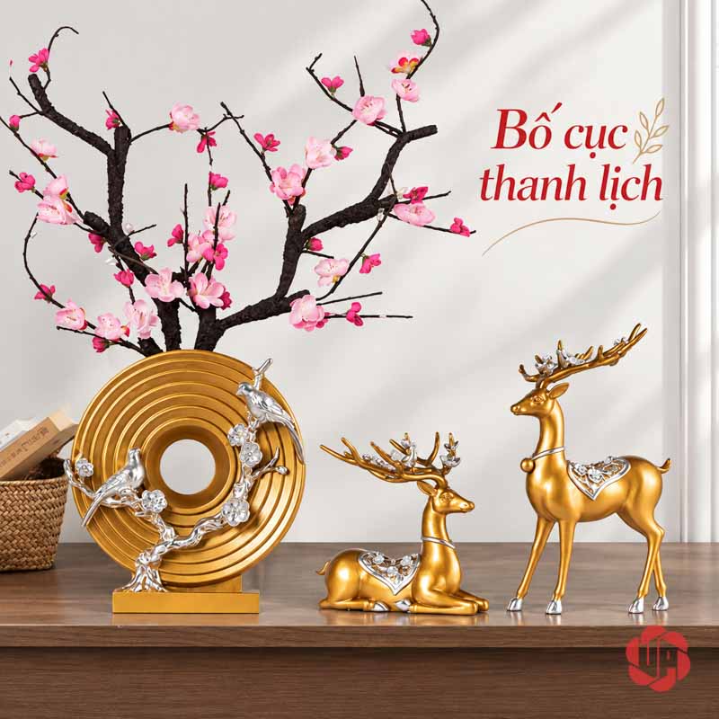 Đồ Trang Trí Decor Hươu Vàng, Chim Và Hoa Mai UPV016 Tượng vòng tròn vàng cắm cành hoa hồng bên hươu nằm và hươu đứng