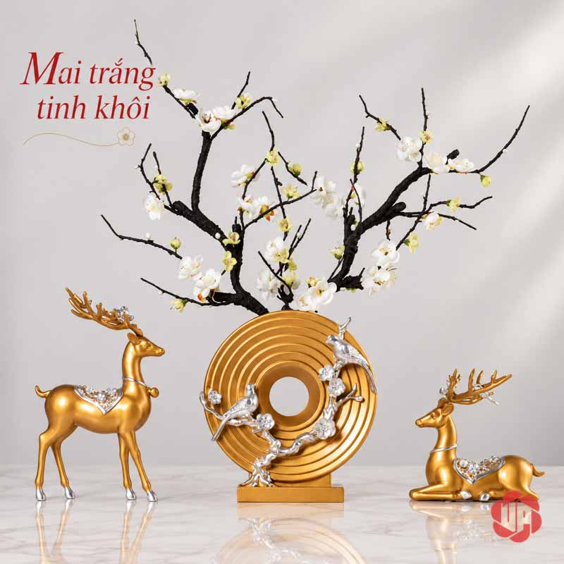Đồ Trang Trí Decor Hươu Vàng, Chim Và Hoa Mai UPV016 Tượng vòng tròn vàng cắm hoa trắng giữa cặp hươu vàng