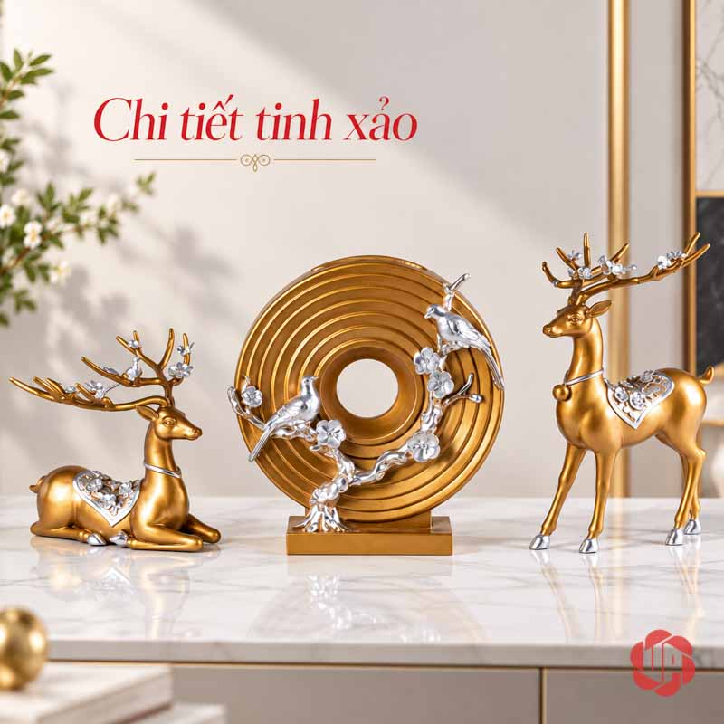 Đồ Trang Trí Decor Hươu Vàng, Chim Và Hoa Mai UPV016 Tượng vòng tròn vàng trang trí chim hoa bạc cạnh cặp hươu