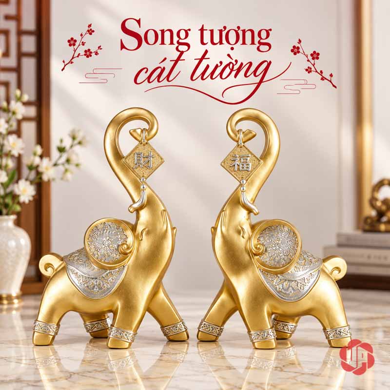 Đồ Decor Cặp Voi Phú Quý Trang Trí Phòng Khách UPV017 Cặp voi vàng đứng cạnh nhau, vòi cuộn cong và thẻ chữ hình thoi