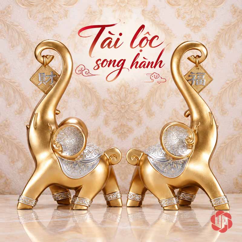 Đồ Decor Cặp Voi Phú Quý Trang Trí Phòng Khách UPV017 Cặp voi vàng treo thẻ chữ Tài và Phúc trên nền tường hoa văn