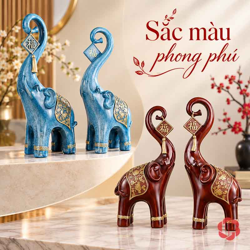 Đồ Decor Cặp Voi Phú Quý Trang Trí Phòng Khách UPV017 Cặp voi xanh lam trên bệ phía sau và cặp voi đỏ sẫm phía trước