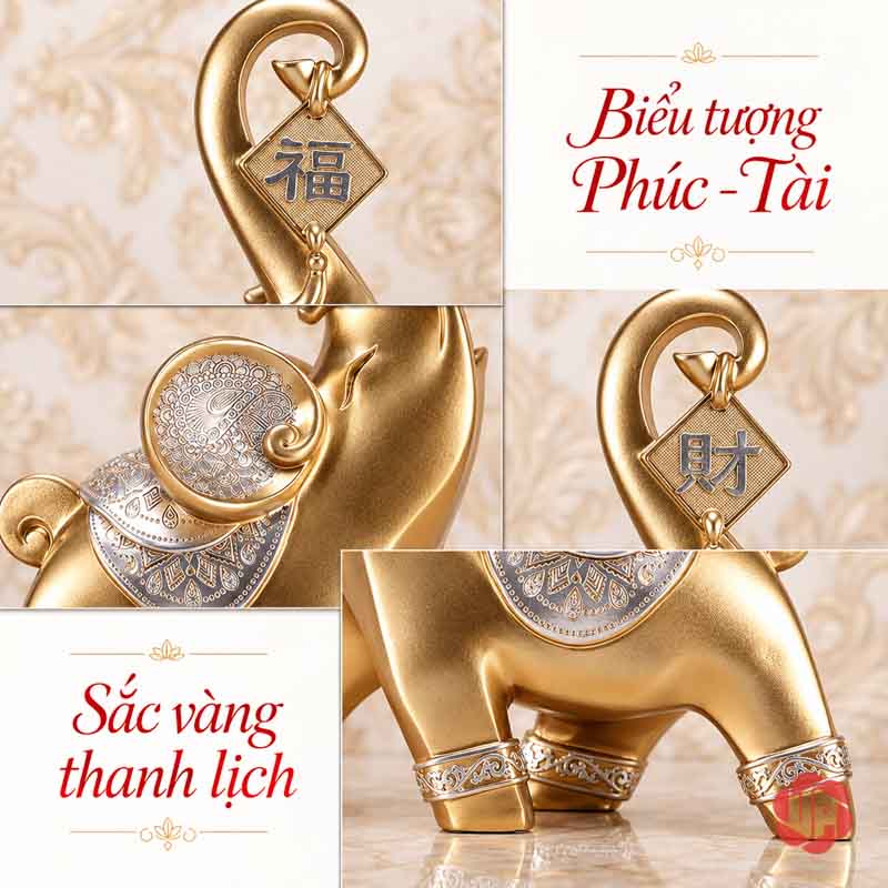 Đồ Decor Cặp Voi Phú Quý Trang Trí Phòng Khách UPV017 Ảnh ghép chi tiết thẻ chữ Phúc Tài, tai voi và họa tiết bạc trên tượng vàng