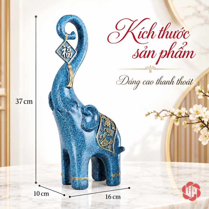Đồ Decor Cặp Voi Phú Quý Trang Trí Phòng Khách UPV017 Tượng voi xanh lam có số đo dài 16 cm rộng 10 cm cao 37 cm