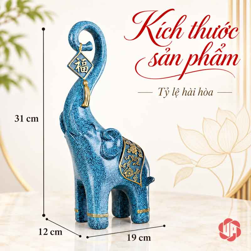 Đồ Decor Cặp Voi Phú Quý Trang Trí Phòng Khách UPV017 Tượng voi xanh lam có số đo dài 19 cm rộng 12 cm cao 31 cm