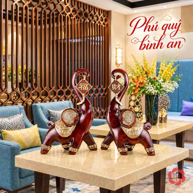 Đồ Decor Cặp Voi Phú Quý Trang Trí Phòng Khách UPV017 Cặp voi đỏ sẫm phối họa tiết vàng bạc trên bàn trong phòng khách