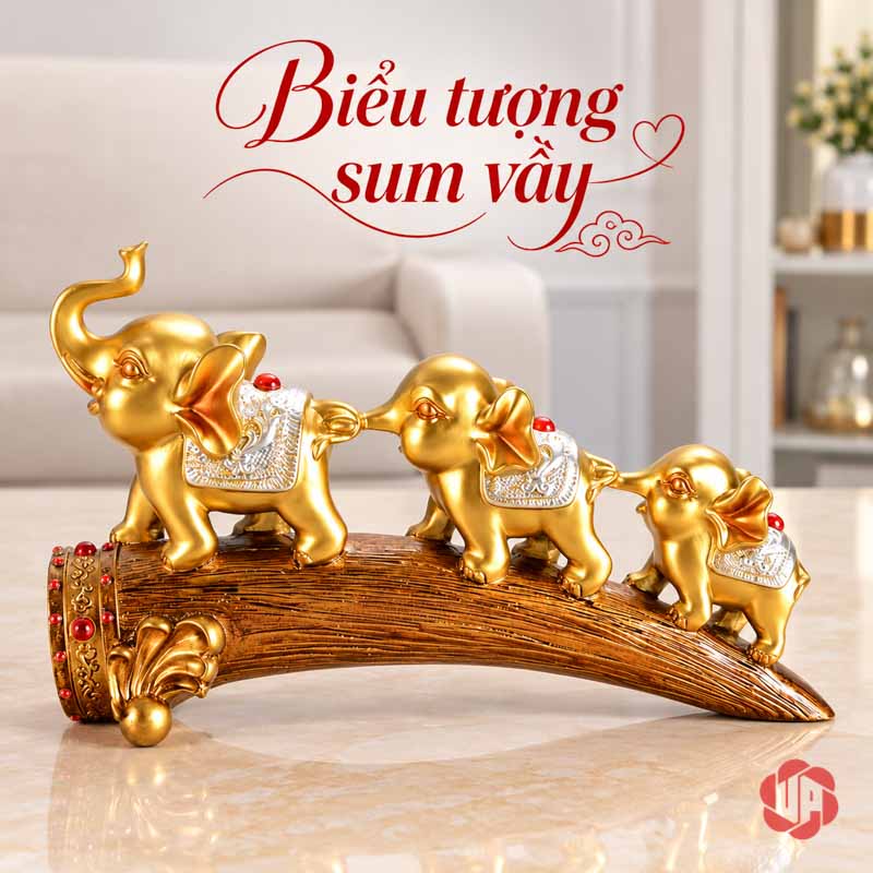 Tượng Gia Đình Voi Hạnh Phúc Trang Trí Nội Thất Phòng Khách UPV022 Gia đình ba voi vàng nối đuôi trên đế cong màu nâu trước nền phòng sáng