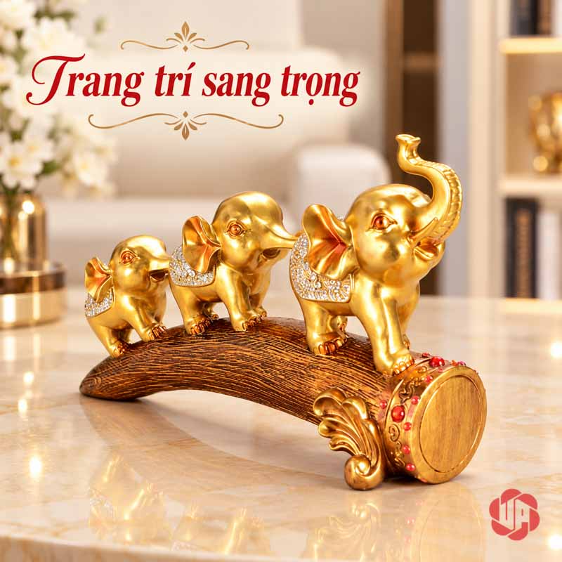 Tượng Gia Đình Voi Hạnh Phúc Trang Trí Nội Thất Phòng Khách UPV022 Tượng gia đình voi vàng nhìn chéo, phần đầu đế lớn có chi tiết đỏ và chân trang trí vàng