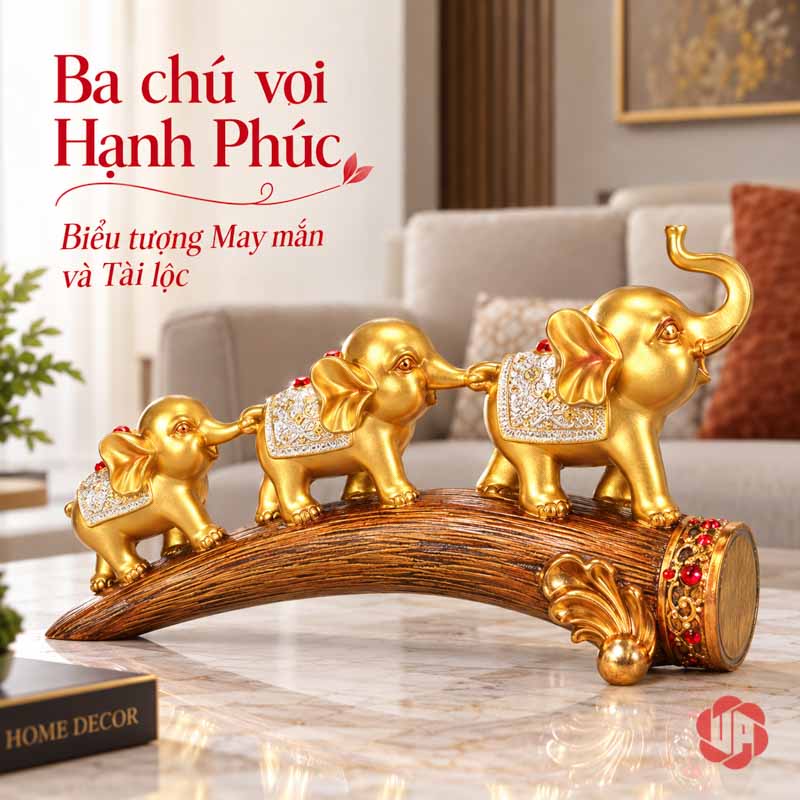 Tượng Gia Đình Voi Hạnh Phúc Trang Trí Nội Thất Phòng Khách UPV022 Gia đình voi vàng với voi lớn ở phía phải trên đế nâu uốn cong