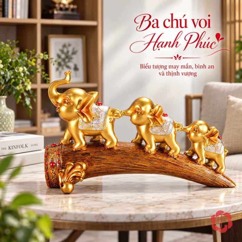 Tượng Gia Đình Voi Hạnh Phúc Trang Trí Nội Thất Phòng Khách UPV022 Gia đình voi vàng đặt trên bàn tròn cạnh sofa và kệ sách