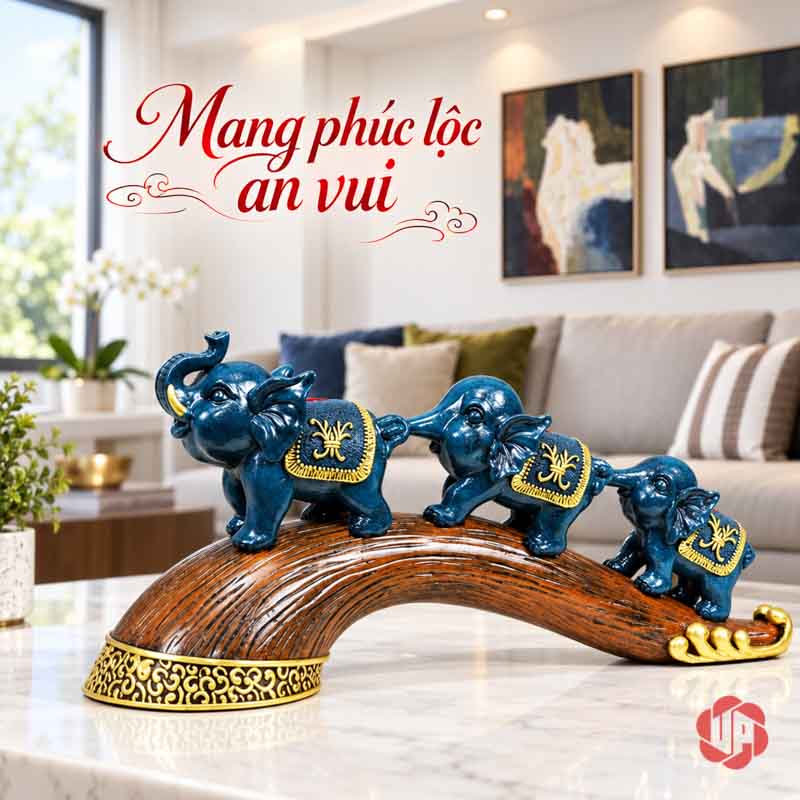 Tượng Gia Đình Voi Hạnh Phúc Trang Trí Nội Thất Phòng Khách UPV022 Gia đình voi xanh trên đế cong nâu đặt trước sofa sáng và tranh treo tường