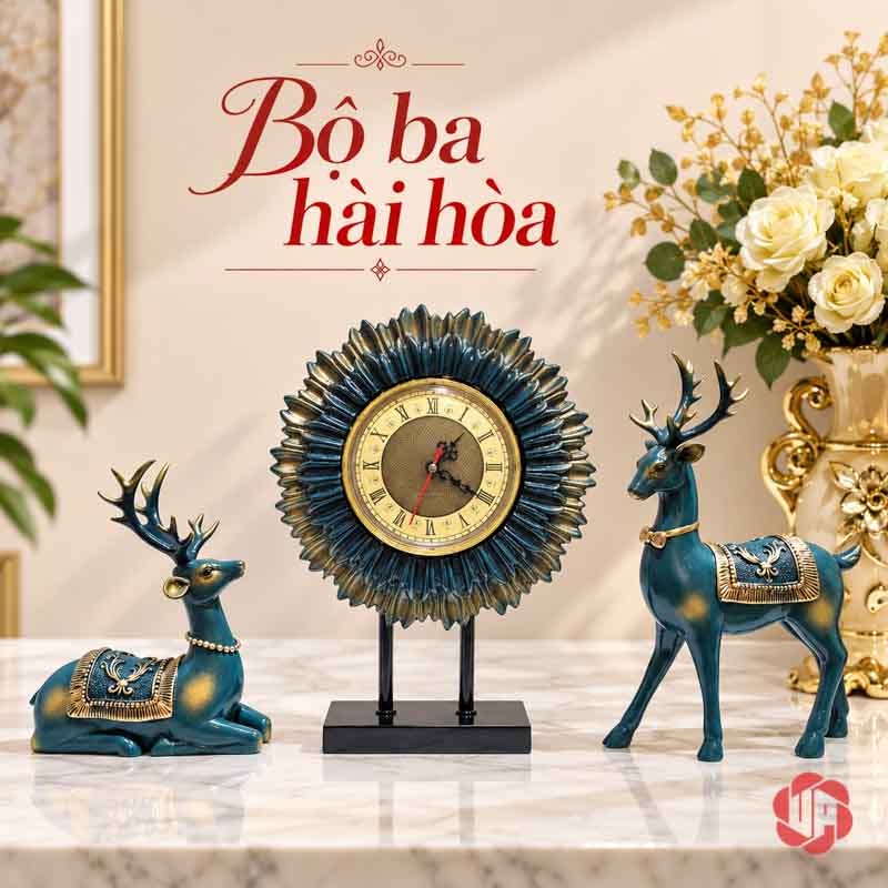 Bộ Decor Trang Trí Hươu Và Đồng Hồ Mặt Trời UPV026 Cặp hươu xanh phối vàng cùng đồng hồ mặt trời có mặt số sáng màu
