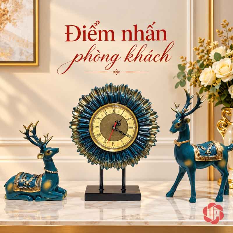Bộ Decor Trang Trí Hươu Và Đồng Hồ Mặt Trời UPV026 Bộ hươu xanh và đồng hồ mặt trời đặt trên mặt bàn sáng trước tường trung tính
