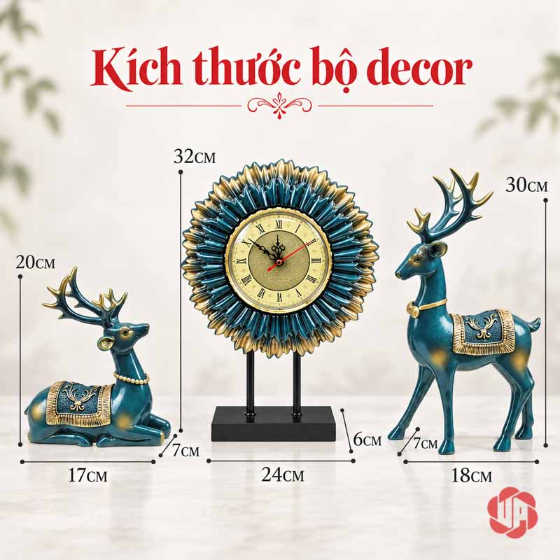 Bộ Decor Trang Trí Hươu Và Đồng Hồ Mặt Trời UPV026 Ảnh kích thước hươu nằm 17 × 7 × 20 cm, đồng hồ 24 × 6 × 32 cm, hươu đứng 18 × 7 × 30 cm