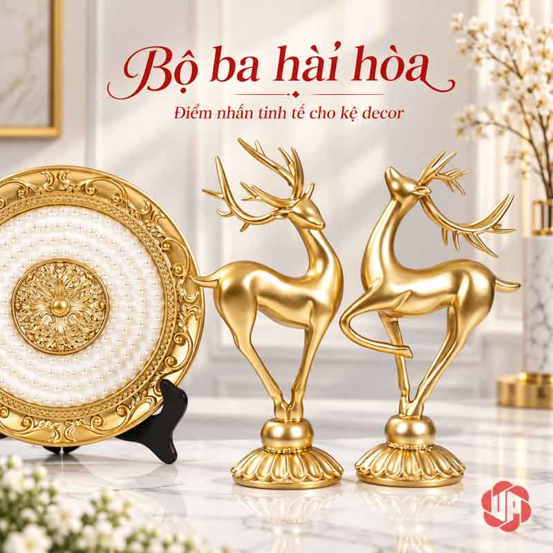 Bộ Decor Trang Trí Nội Thất Cặp Hươu Và Đĩa Vàng UPV030 Hai tượng hươu vàng trên đế tròn cạnh một phần đĩa decor trắng vàng