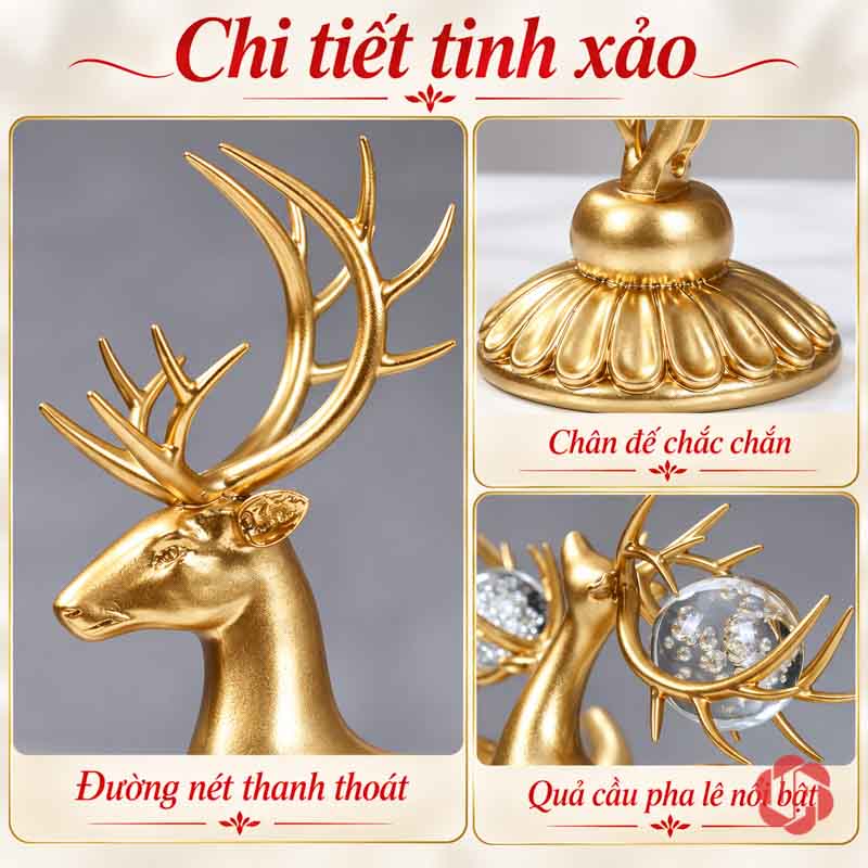 Bộ Decor Trang Trí Nội Thất Cặp Hươu Và Đĩa Vàng UPV030 Ảnh ghép chi tiết đầu hươu, sừng nâng quả cầu trong suốt và chân đế tròn màu vàng