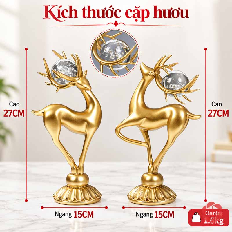 Bộ Decor Trang Trí Nội Thất Cặp Hươu Và Đĩa Vàng UPV030 Hai tượng hươu chân đế tròn, ảnh ghi mỗi tượng ngang 15 cm cao 27 cm