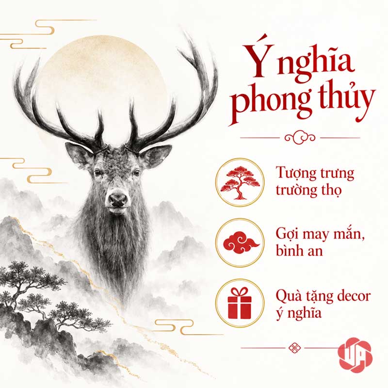 Bộ Decor Trang Trí Nội Thất Cặp Hươu Và Đĩa Vàng UPV030 Tranh minh họa đầu hươu trước hình tròn cùng các dòng chữ về ý nghĩa biểu tượng