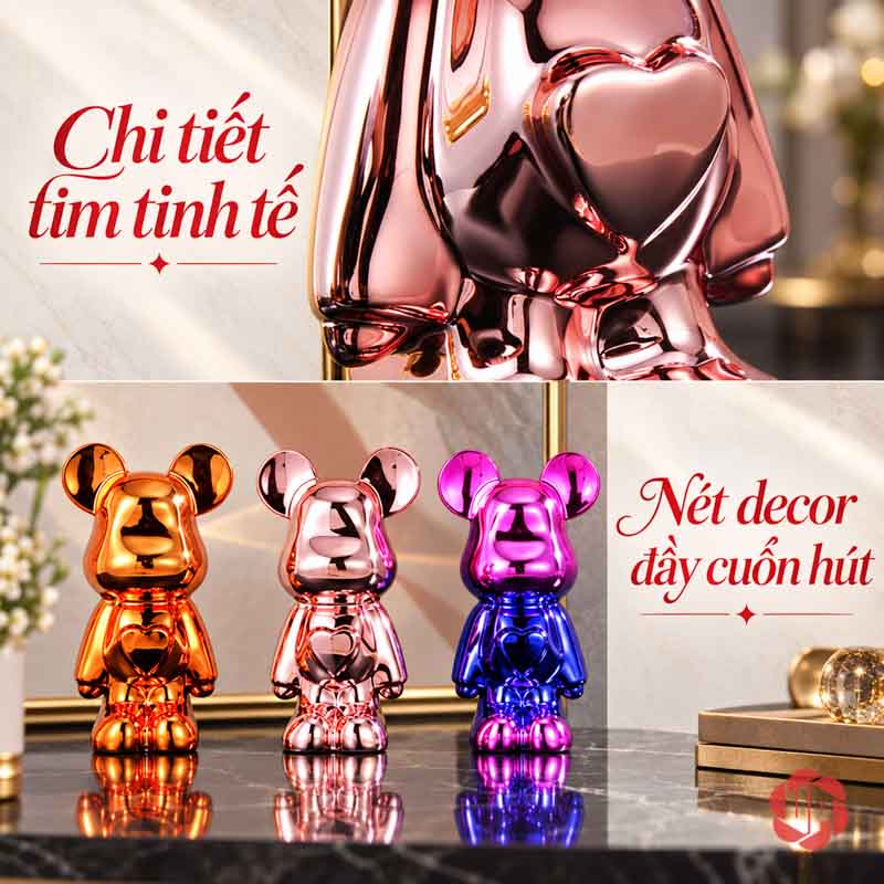 Gấu Bearbrick Decor Trang Trí Nghệ Thuật UPV031 Ảnh ghép chi tiết trái tim trên thân gấu hồng và ba tượng cam hồng xanh