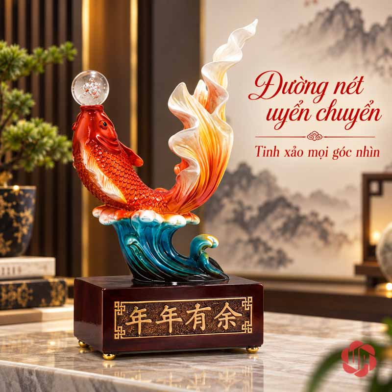 Tượng Trang Trí Phong Thủy Cá Koi Nhả Ngọc UPV032B Tượng cá đỏ cam đầu quay trái, sóng xanh và chân đế nâu có chữ vàng