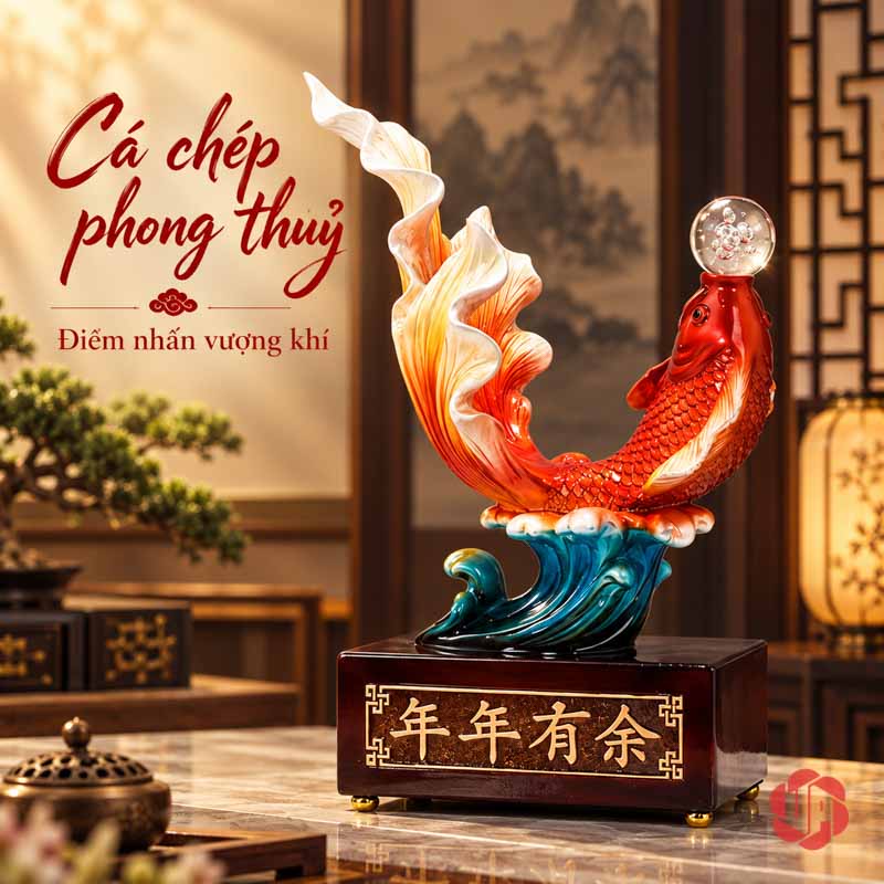 Tượng Trang Trí Phong Thủy Cá Koi Nhả Ngọc UPV032B Toàn cảnh gần tượng cá Koi đỏ cam, hàng vảy nổi và vây sáng màu
