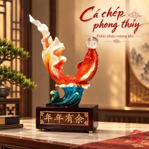 Tượng cá đỏ cam đầu hướng lên bên phải, đuôi trắng vàng vươn cao trên đế chữ nhật