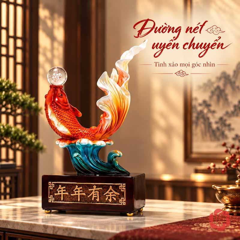 Tượng Trang Trí Phong Thủy Cá Koi Nhả Ngọc UPV032B Tượng cá đầu hướng lên bên trái, đuôi trắng vàng ở bên phải và sóng xanh phía dưới