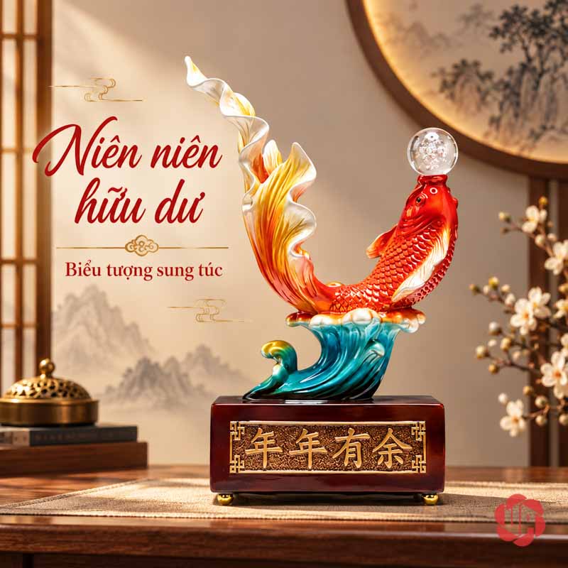 Tượng Trang Trí Phong Thủy Cá Koi Nhả Ngọc UPV032B Tượng cá nhả ngọc trên đế nâu, cạnh phụ kiện và hoa trắng trong phòng