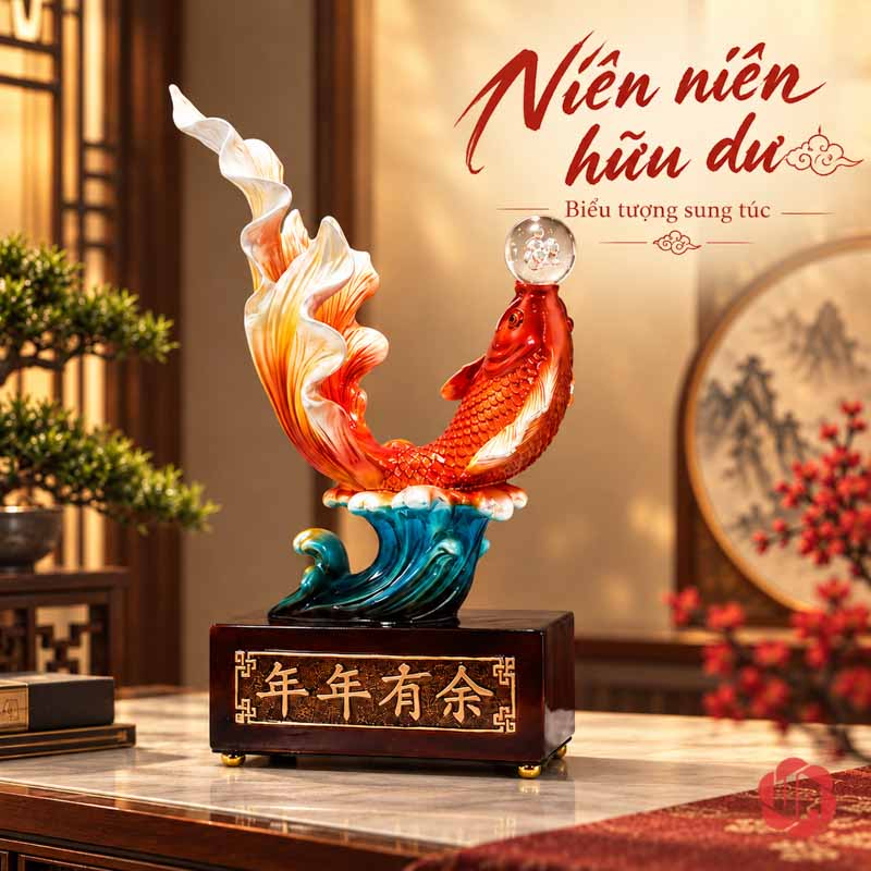 Tượng Trang Trí Phong Thủy Cá Koi Nhả Ngọc UPV032B Tượng cá Koi đỏ cam trên đế chữ vàng, ảnh có chữ Niên niên hữu dư