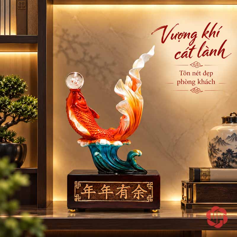 Tượng Trang Trí Phong Thủy Cá Koi Nhả Ngọc UPV032B Tượng cá nhả ngọc đặt trên kệ cùng cây nhỏ và bình gốm vẽ phong cảnh