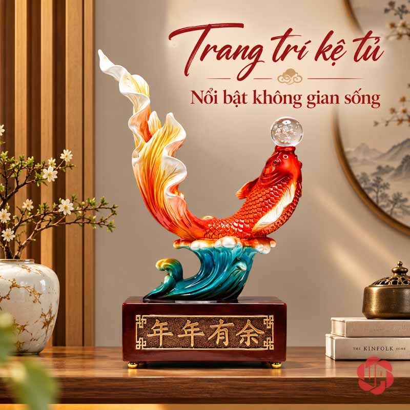 Tượng Trang Trí Phong Thủy Cá Koi Nhả Ngọc UPV032B Tượng cá Koi ở giữa bình hoa trắng bên trái và sách bên phải