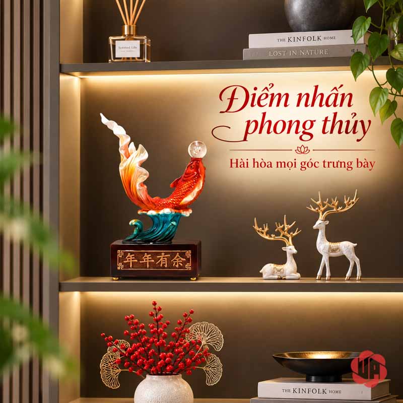 Tượng Trang Trí Phong Thủy Cá Koi Nhả Ngọc UPV032B Tượng cá Koi trên ô kệ có đèn, bên cạnh hai tượng hươu trắng nhỏ