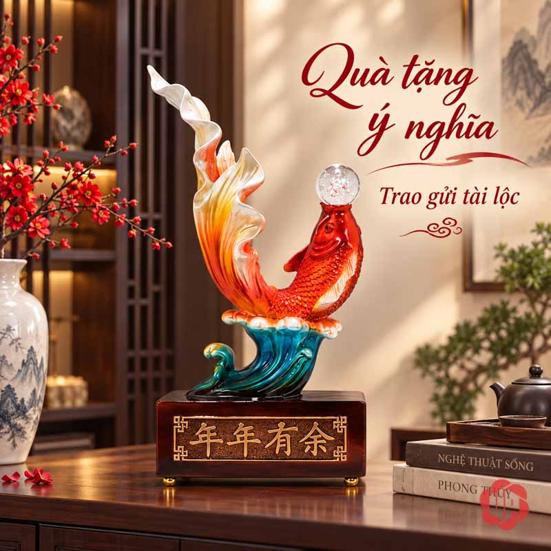 Tượng Trang Trí Phong Thủy Cá Koi Nhả Ngọc UPV032B Tượng cá nhả ngọc đặt trên tủ cùng bình hoa đỏ và sách