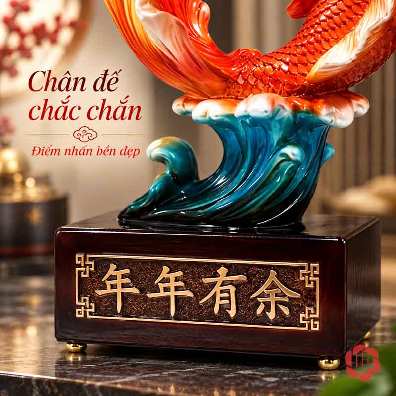 Tượng Trang Trí Phong Thủy Cá Koi Nhả Ngọc UPV032B Cận cảnh sóng xanh dưới thân cá và chân đế nâu chữ vàng