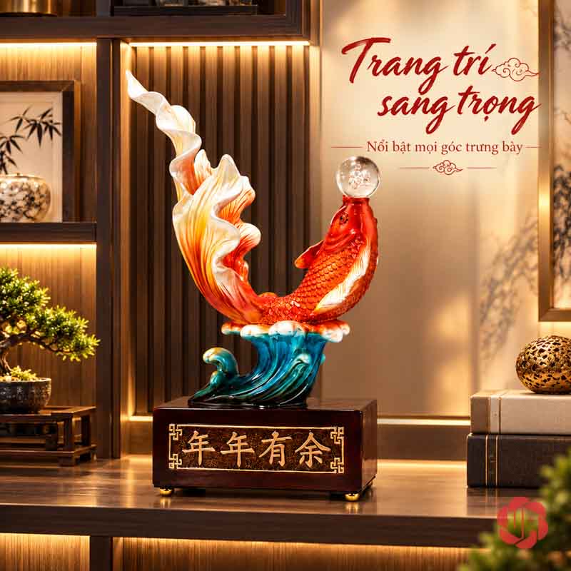 Tượng Trang Trí Phong Thủy Cá Koi Nhả Ngọc UPV032B Tượng cá Koi đỏ cam đặt trên kệ gỗ có đèn, cạnh cây nhỏ và sách