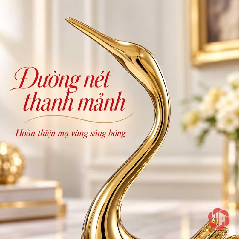 Đồ Decor Đẹp Cặp Chim Hồng Hạc Xanh Vàng UPV040 Cận cảnh mỏ, mắt và cổ cong ánh vàng của tượng hồng hạc