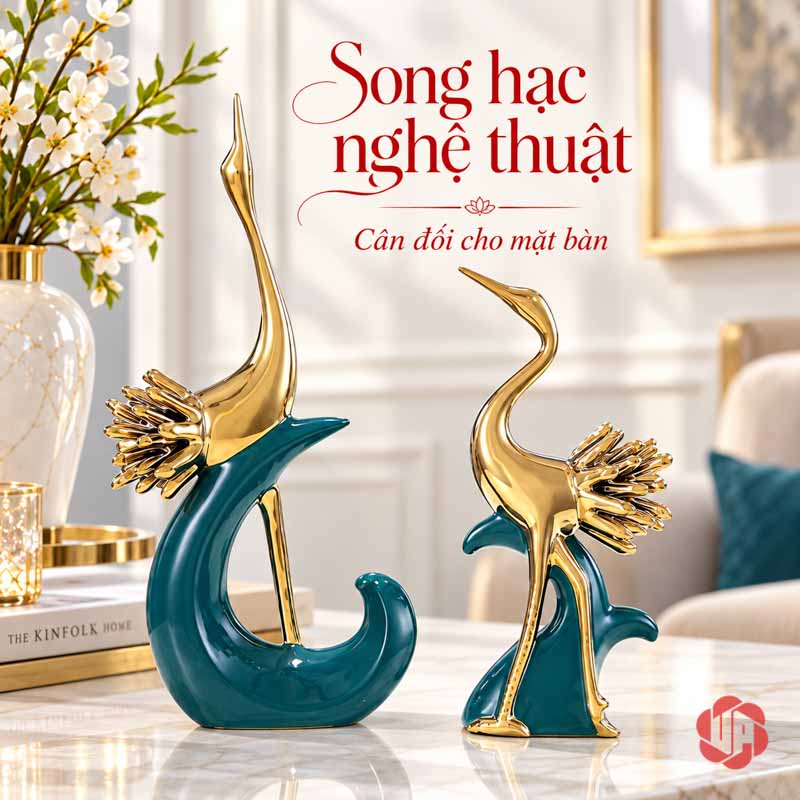 Đồ Decor Đẹp Cặp Chim Hồng Hạc Xanh Vàng UPV040 Cặp hồng hạc với tượng dáng cao bên trái và tượng cổ cong bên phải