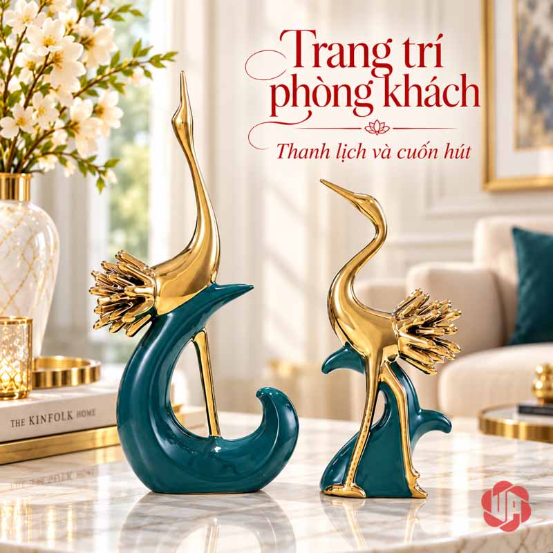 Đồ Decor Đẹp Cặp Chim Hồng Hạc Xanh Vàng UPV040 Cặp tượng hồng hạc xanh vàng đặt trên bàn trong phòng khách sáng màu