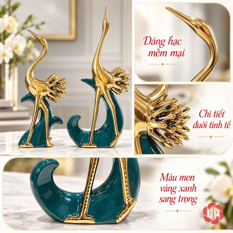 Đồ Decor Đẹp Cặp Chim Hồng Hạc Xanh Vàng UPV040 Ảnh ghép toàn cảnh cặp hồng hạc và các chi tiết đầu chim, đuôi vàng, phần đế xanh