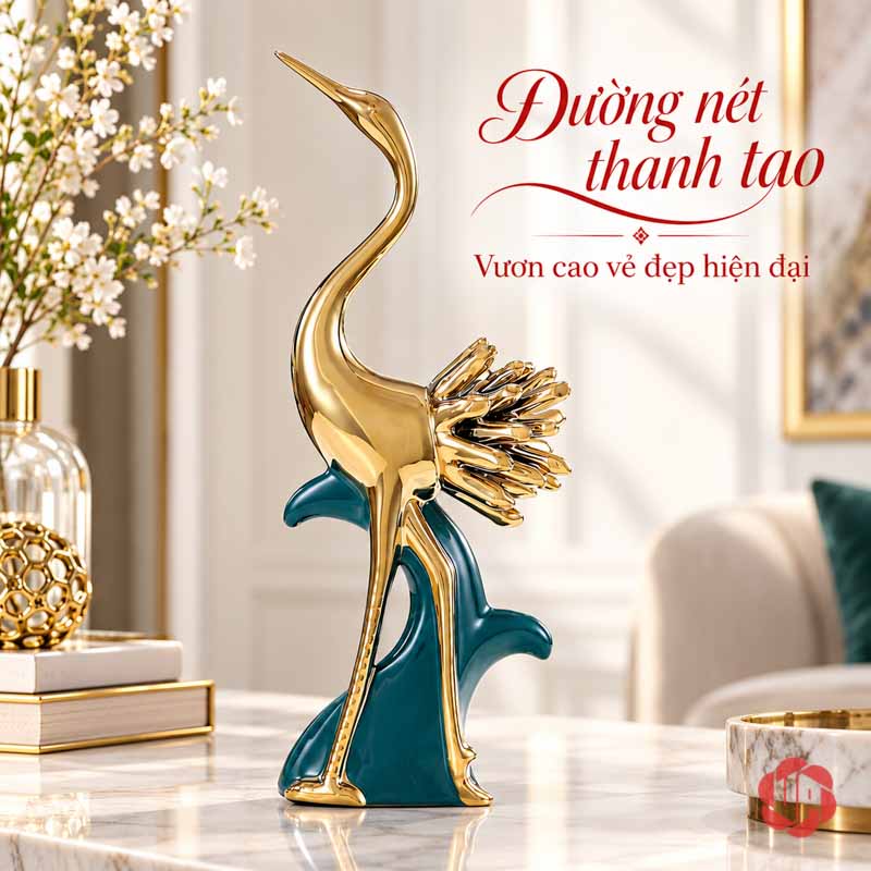 Đồ Decor Đẹp Cặp Chim Hồng Hạc Xanh Vàng UPV040 Tượng hồng hạc cổ cong màu vàng trên phần đế xanh, cạnh hoa trắng và sách