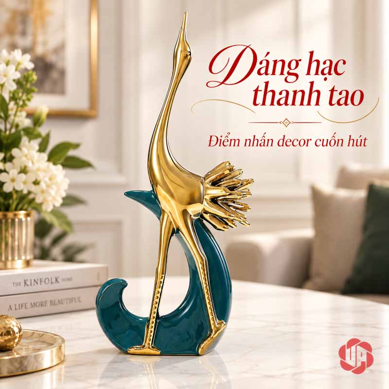 Đồ Decor Đẹp Cặp Chim Hồng Hạc Xanh Vàng UPV040 Một tượng hồng hạc cổ dài vươn lên, chân vàng và phần đế xanh cuộn cong