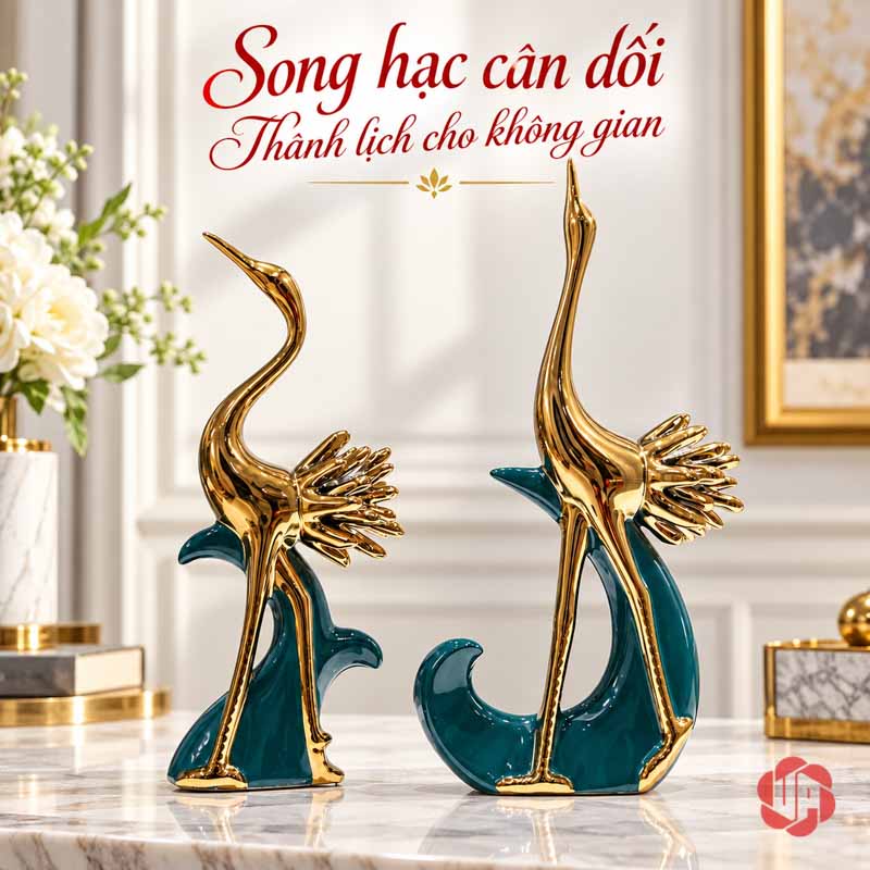 Đồ Decor Đẹp Cặp Chim Hồng Hạc Xanh Vàng UPV040 Hai tượng hồng hạc xanh vàng, tượng cổ cong bên trái và tượng cao bên phải