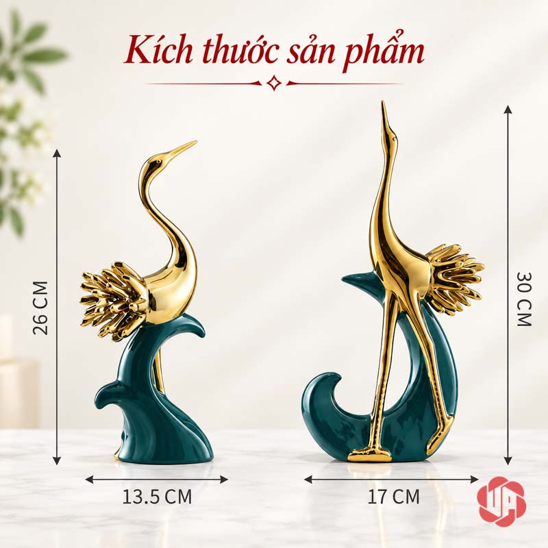 Đồ Decor Đẹp Cặp Chim Hồng Hạc Xanh Vàng UPV040 Ảnh kích thước hồng hạc cổ cong rộng 13,5 cao 26 cm và hồng hạc dáng cao rộng 17 cao 30 cm