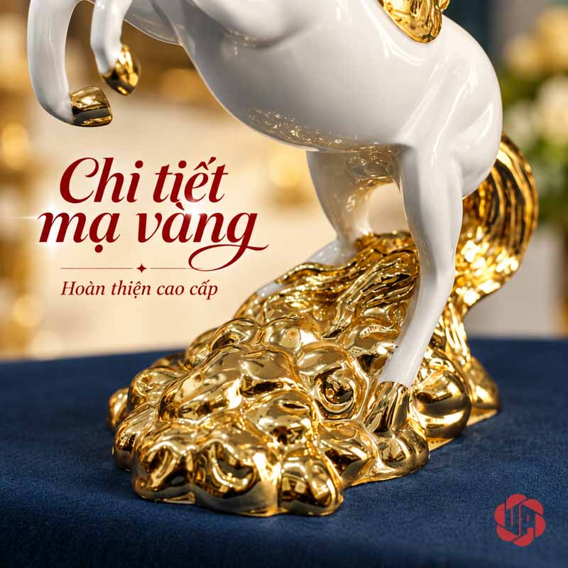 Tượng Ngựa Có Cánh Pegasus Trắng Vàng UPV041 Cận cảnh móng vàng, chân ngựa trắng và bệ vàng có những đường cuộn